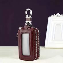 Black PU Leather Key Pouch With Clear Window Simple Style Dual-Zipper Coin Purse Non-Braided One Piece Holder Car Key Bag Halloween Gift Teachers Day Gift Men Gifts Gift For Women Mini Wallet