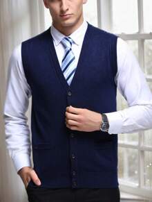 hoteel Mens Button-Up Sweater Vest V Neck Knitted Waistcoat Casual Sleeveless Button Down Sweater Dress Knit Cardigan Vests