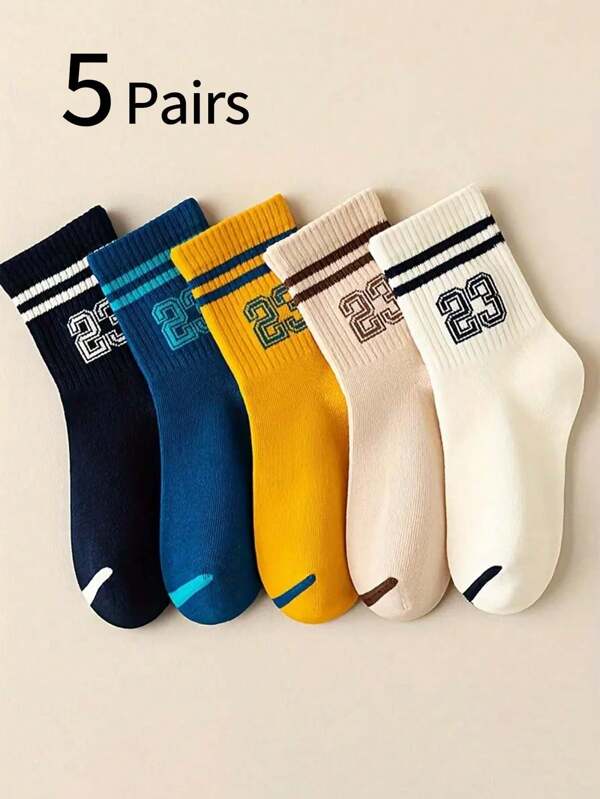 5 Pairs Kids Socks, Number 23 With Double Bars Mid-Calf Socks, Suitable For Daily And Sports Wear