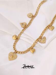 1 pieza Collar con colgante de corazón de acero inoxidable de moda y vintage para mujer, collar gargantilla con múltiples colgantes de corazón, regalo ideal para mejores amigas