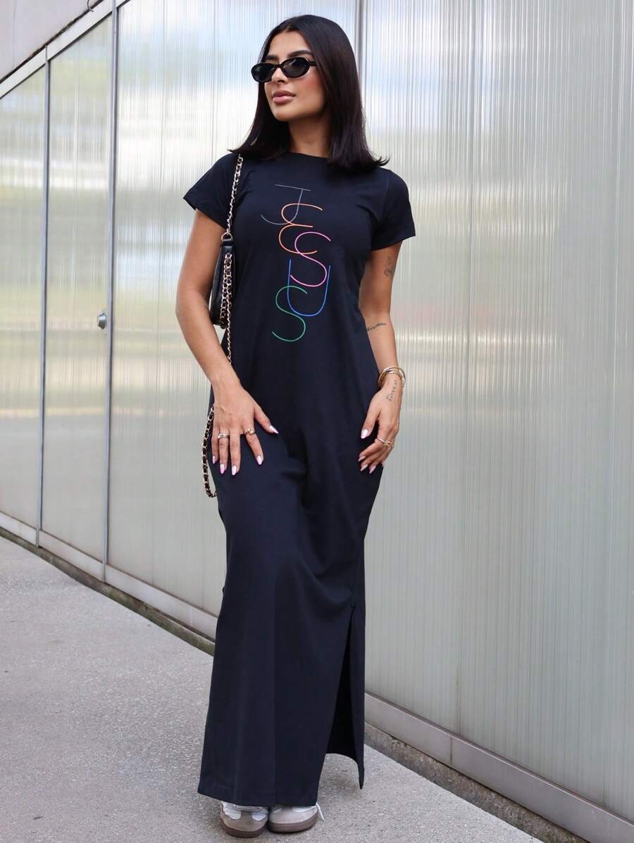 Vestido Longo Feminino Moda Evangélica 100% Algodão - Preto - Visão 1