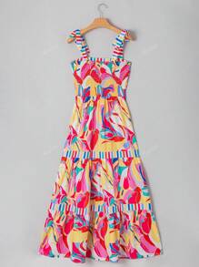 Acelitt Summer Colorful Abstract Print Color Block Tie Front Spaghetti Strap Wide Neck Loose Dress For Women