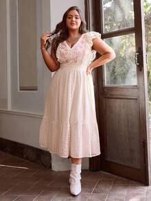 Simplee Plus Size Women Ruffle Trim Embroidered Long Lace Dress, Suitable For Music Festival, Vacation, And Western Style - Apricot - View 8