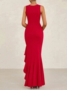 Women's Summer Elegant Slim Dress Sleeveless Peplum Mermaid Cocktail Wedding Guest Formal Dress - 大紅 - 查看 5