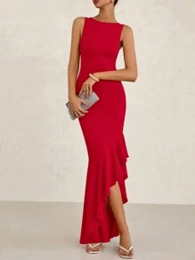 Women's Summer Elegant Slim Dress Sleeveless Peplum Mermaid Cocktail Wedding Guest Formal Dress - 大紅 - 查看 2