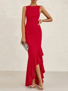 Women's Summer Elegant Slim Dress Sleeveless Peplum Mermaid Cocktail Wedding Guest Formal Dress - 大紅 - 查看 4