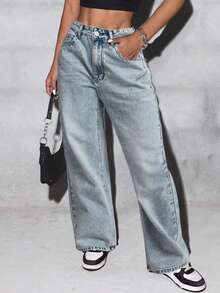 女式中腰简约休闲口袋直筒阔腿牛仔裤，90% 纯棉，宽松版型，无弹力面料，适合春夏日常穿着 - 淺色水洗藍 - 查看 6