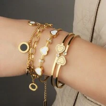 Juego de pulsera de 3 en 1 de acero inoxidable con elegante flor de cuatro hojas, pulsera con colgante de corazón con circonita brillante de estilo romano, adecuado para uso diario, banquetes, bodas y como regalo, para todas las estaciones