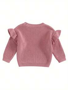 Ropa de invierno para niña, suéter básico liso con volantes, jersey para niño pequeño, suéter de color liso de manga larga y cuello redondo para recién nacidos. - Rosa - Ver 4