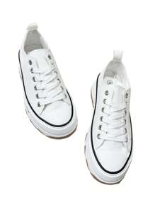 Platform Sneakers, Women's Lace Up Serrated Platform Canvas Bootie Sneakers - White - View 6