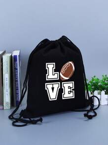 Black Drawstring Backpack Printed With The 'Love' And Ball Patterns Monogram,Storage Bag, Small Backpack, Convenient Backpack, Shopping Backpack, Drawstring Storage Bag, Student Backpack, Lightweight Large Capacity Backpack For Outdoor Activities - Black - View 4