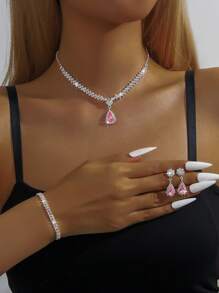 4pcs/Set Minimalist Elegant Floral Drop Pendant Necklace, Earrings, Bracelet Jewelry Set, Rhinestones Bridal Wedding Dress Accessories, Party, Valentine's Day Gifts For Her,Mom,Mother,Mother's Day,Gift