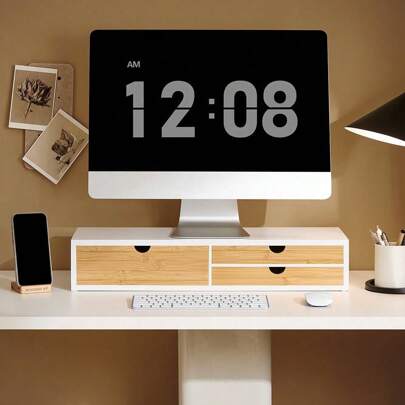 SoBuy Computer Screen Monitor Stand Monitor Riser Desk Organizer With 3 Drawers White And Natural W60 X D22 X H11cm BBF11-WN