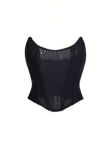 Yuwenier Femei Vintage fără bretele cu plasă semi-transparentă Overbust cu dantelă la spate Corset Bodyshaper Top tub pentru ieșiri sexy Festival de muzică