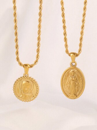 1 件不锈钢圣母玛利亚麦当娜女神饰品耶稣宗教吊坠项链女式金色雕花人物吊坠链项链珠宝