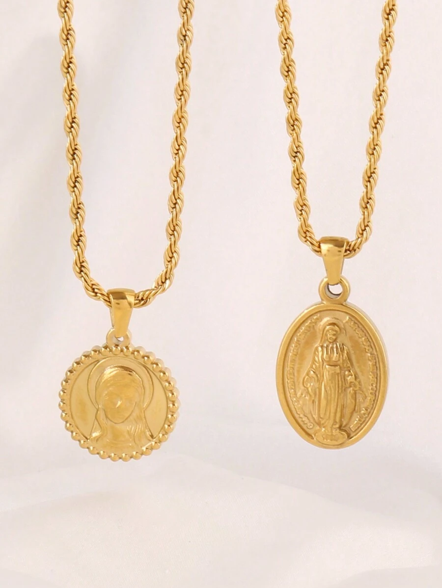 1 件不锈钢圣母玛利亚麦当娜女神饰品耶稣宗教吊坠项链女式金色雕花人物吊坠链项链珠宝 - 項鍊 - 查看 1
