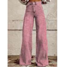 Womens High Rise Jeans Retro Classic Striped Print Wide Leg Denim Pants Boyfriend Jeans With Pockets - 粉色 - 查看 2