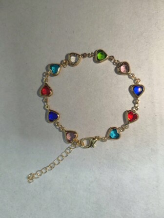 1/2pcs Colorful Shiny Cubic Heart Design Bracelet, Delicate Beaded Bracelet, Suitable For Women Daily, Party, Jewelry, Holiday Gift, Vintage Elegant Heart Design Bracelet, Valentine's Day Gift