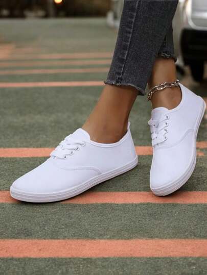 Zapatos Clásicos de Lona con Cordones con Parte Superior  Tenis Planos Minimalistas de Color Sólido para Mujer