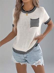 Women's Round Neck Contrast Stripe Pocket Short Sleeve Knit Top, Beach Holiday Vacation, Summer - Apricot - View 3