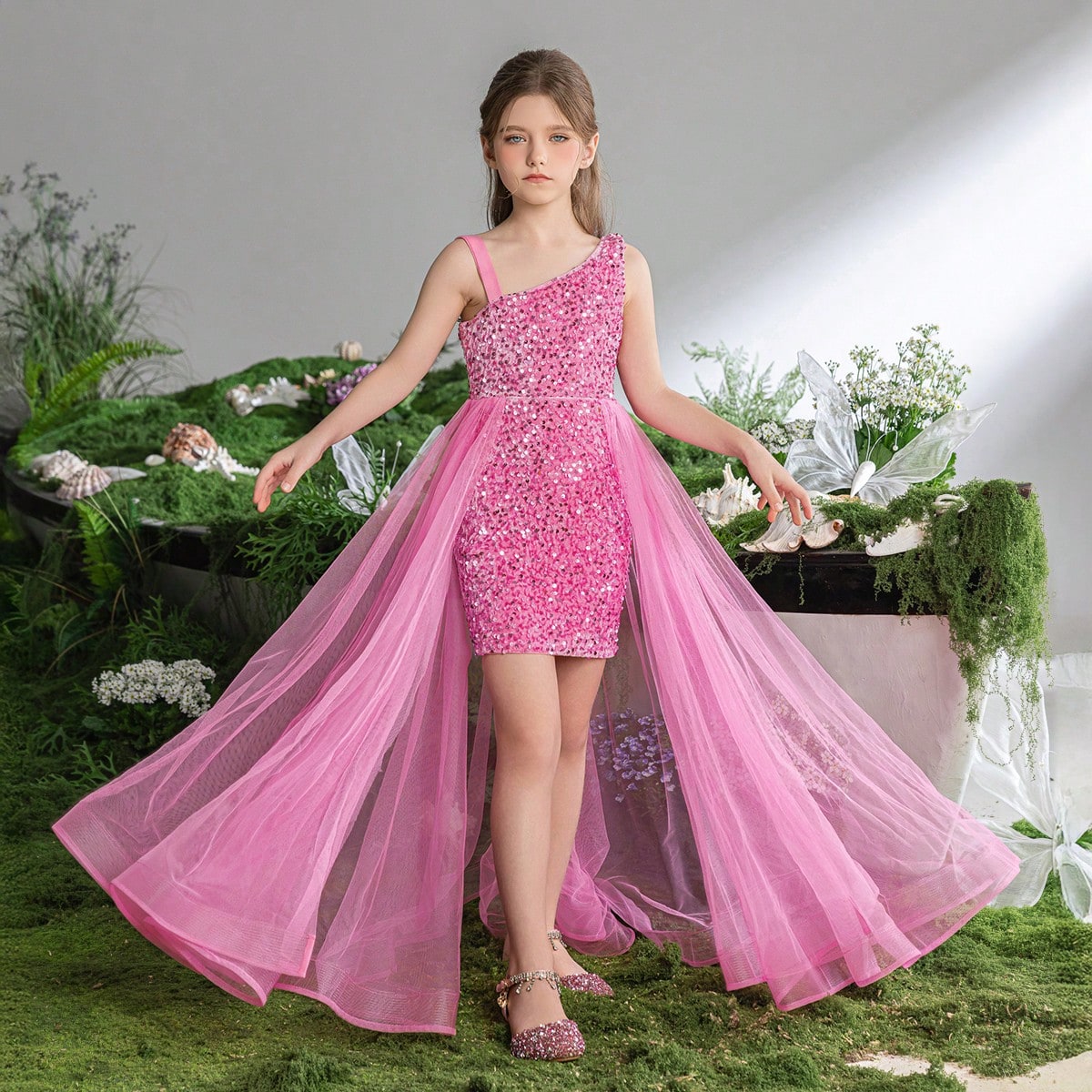 Vestido De Lentejuelas De Malla En Contraste Con Escote Asimétrico Para Niña Preadolescente
