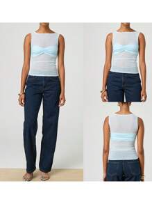 Women's Sheer Mesh Tank Tops Sleeveless Round Neck Solid Color Slim Fit Ruched Vest - Sky Blue - View 2