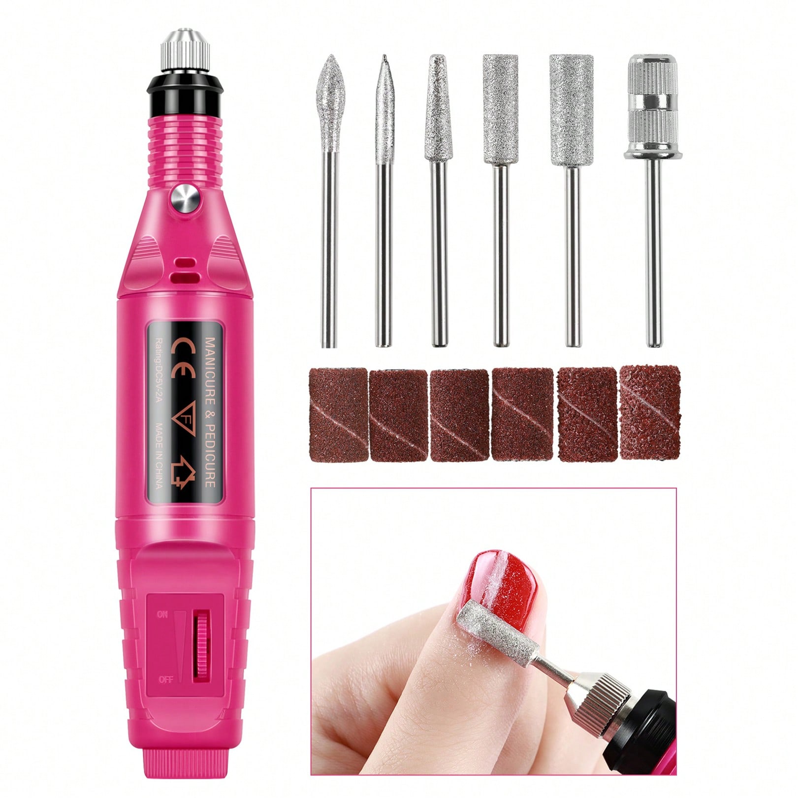 Electric Nail Grinder, Mini USB Nail Grinder With 6 Drill Bits And 250 Sanding Bands, Pink/Black/White Nail File Remover And Polisher, Gel Nail Grinder Suitable For Acrylic Nails, Nail File Grinder And Polisher, Removes Calluses, Suitable For Home Or Salon Use (Sanding Bands Shipped Randomly)