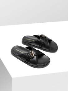 Women Leisure Flat Sandals Slippers Crossover Platform Footbed Buckled Slides Sandals Comfortable Casual Fashion Daily Summer Vacation Outdoor Versatile Shoes - 黑色 - 查看 4