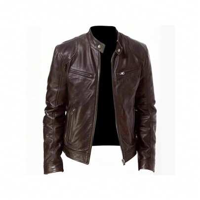 Men Faux Leather Zip Up Jacket Stand Collar Leather Motorcycle Jacket Lightweight Bomber Outwear PU Coat