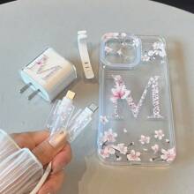 Étui de téléphone en TPU avec motif graphique lettre "M" et fleurs, 5-en-1 avec protecteur de câble de données compatible avec le câble de charge rapide Apple. Compatible avec iPhone 11/12/13/13Pro Max/14/14Pro/14Plus/14Pro Max/15/15Pro/16/16Plus/16Pro Max/16Pro/15Pro Max XR XSM. Ensemble d'étui de protection - Multicolore - Voir 5