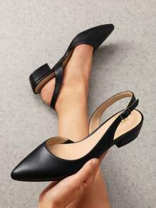 Womens Slingback Kitten Low Block Heels Pumps Closed Pointed Toe  Elegant Comfortable Dressy Pumps Wedding Casual Dress Shoes - 黑色 - 查看 7