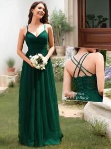 优雅交叉露背蕾丝撞色网纱深绿色伴娘礼服，半正式，适合婚礼、度假、生日、毕业典礼及其他场合