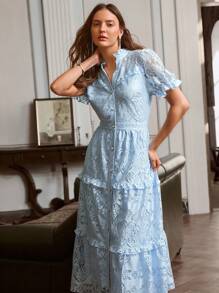 Simplee Women's Spring New Lace Hollow Out Front Button Ruffle Trim Long Dress - Blue - View 1