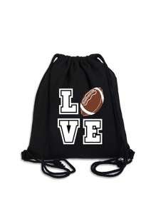 Black Drawstring Backpack Printed With The 'Love' And Ball Patterns Monogram,Storage Bag, Small Backpack, Convenient Backpack, Shopping Backpack, Drawstring Storage Bag, Student Backpack, Lightweight Large Capacity Backpack For Outdoor Activities - Black - View 9