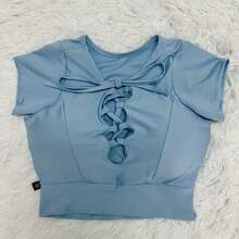 WO Cropped Feminino  Com Bojo Manga Curta Suplex Blusa Ciganinha Blogueirinha - Azul bebê - Visão 3