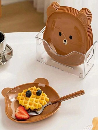 5pcs Cartoon Bear Design Plate, Brown Plastic Cute Dessert Tray For Household,Brown Teddy Bear Color Randomly Shipped,School Supplies