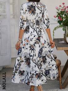 Summer Fashion Elegant Casual Bohemian Holiday Style Flower Print V-Neck Waist Dress - White - View 2