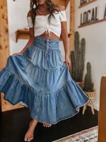 Women Summer Denim Skirt Casual Solid Color Ruffled Hem High Waist A-Line Jeans Skirt For Club Streetwear - Blue - View 2