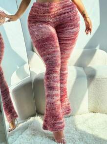 Knitted Striped Print Fleece Leggings, Suitable For Autumn/Winter - 酒紅色 - 查看 2