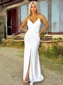 Long Party Dress With Lined Cups, Elasticity, Straps In Shiny Rhinestones, Cut-Out, Front Slit, Fluid Mesh, Fluid And Elegant Fit, One Size Fits 36 To 42 - White - View 4