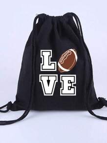 Black Drawstring Backpack Printed With The 'Love' And Ball Patterns Monogram,Storage Bag, Small Backpack, Convenient Backpack, Shopping Backpack, Drawstring Storage Bag, Student Backpack, Lightweight Large Capacity Backpack For Outdoor Activities - Black - View 6