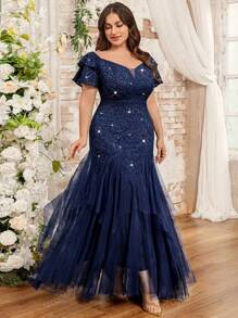 Vestido largo de fiesta, baile de graduación, boda, con hombros descubiertos, mangas con volantes, lentejuelas, encaje floral, contraste de malla, volantes en el bajo, para ocasiones especiales