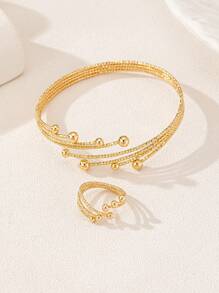 Juego de brazalete y anillo de apertura sencilla con múltiples círculos, estilo clásico retro (sin estuche de regalo)