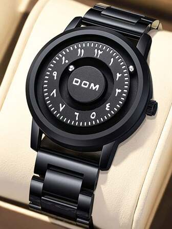 DOM 1 件男士黑色磁性防水手表，无表盘，阿拉伯数字刻度，创意腕表