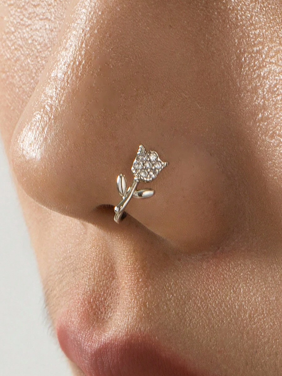 1pc Rhinestone Rose Minimalist Luxury Niche Casual Versatile Nose Clip (Copper Material, Adjustable Ring) - Silver - View 1