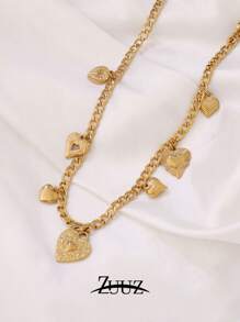 1 pieza Collar con colgante de corazón de acero inoxidable de moda y vintage para mujer, collar gargantilla con múltiples colgantes de corazón, regalo ideal para mejores amigas