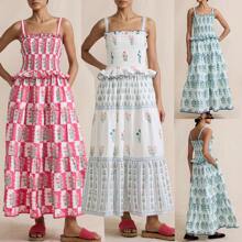 Women's Summer Casual Boho Sundress Spaghetti Strap Square Neck Flowy Midi Dresses A Line Beach Dress - 白色 - 查看 5