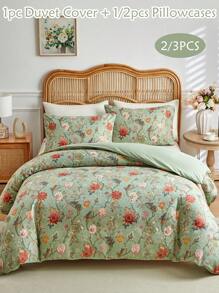 Juego de funda nórdica de 2/3 piezas con estampado de vid floral en poliéster, juego de ropa de cama pastoril simple y elegante, aplicable para todas las estaciones (1 funda nórdica + 1/2 fundas de almohada)