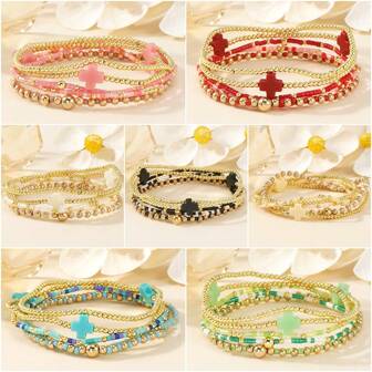 5 st/set Boho Chic Elegant Guldpärlarmband, Färgglatt Kors Guldpärlarmband, Elastiskt Guldpärlarmband med Olika Storlekar, Kors Guldpärlarmband, Lagerbestående Elastiskt Guldpärlarmband, Strand-/Sommararmband, Vattentätt & Blekningsbeständigt, Bästa Gåvan Till Henne, Mors Dag, Alla Hjärtans Dag, Strandsemester, Familj, Påsk, Kristna Kvinnor