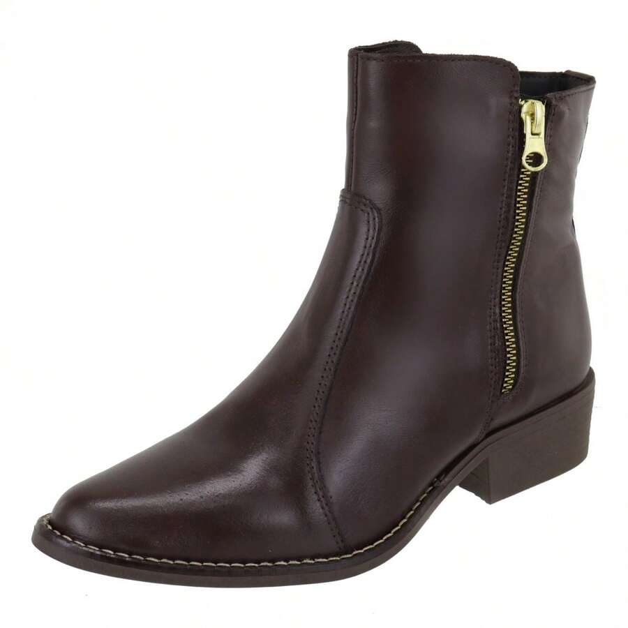 Women's Leather Short Boot With Side Zipper New Release - 巧克力棕 - 查看 1